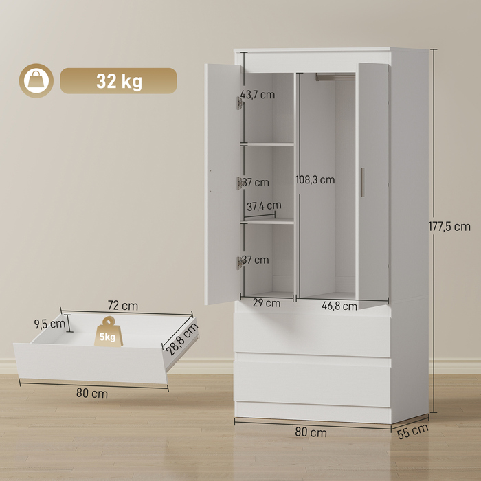 Шафа для спальні з 2 дверцятами, 2 висувними ящиками та 3 полицями, виготовлена з дерева, білого кольору