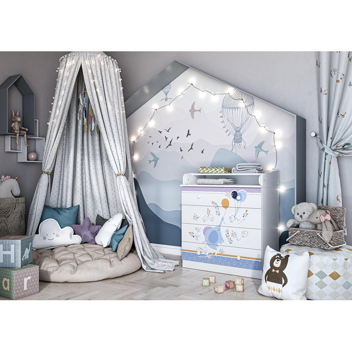 Дитяча пеленальна комода Shefa Kids Elefant з повітряною кулькою – 4 шухляди, з відкидним столиком, для дитячої/немовлятньої кімнати, ергономічна пеленальна станція, білий слон