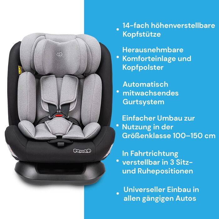 Дитяче автокрісло Booboo Safety London без сидіння Isofix i-Size, звернене проти руху, від 40 до 150 см, Black Grey