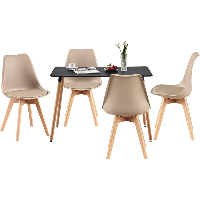 Обідній стіл з 4 стільцями для кухні та вітальні, 110 см, прямокутний, комплект меблів для їдальні (білий стіл + 4 світло-хакі стільці)