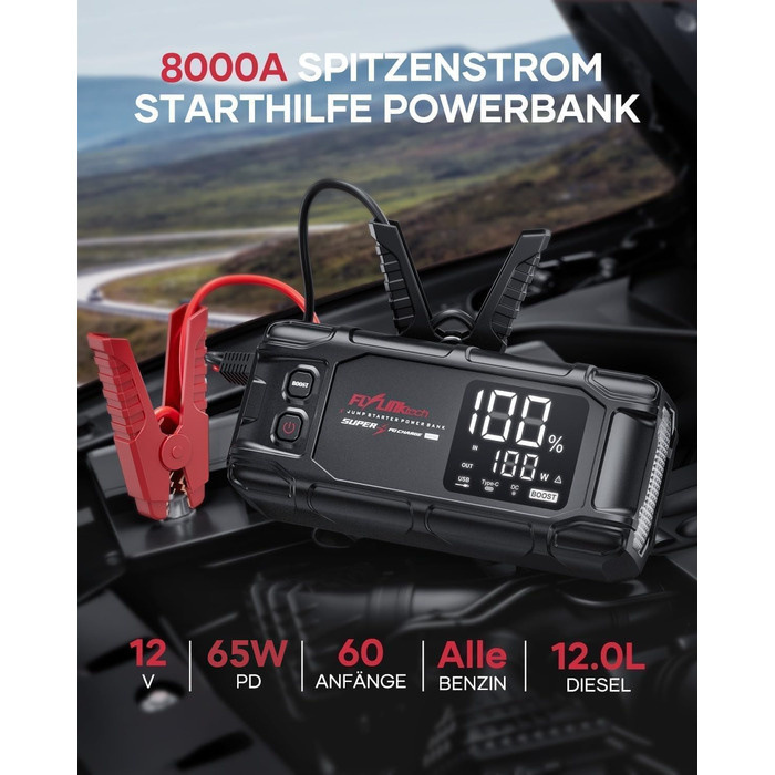 Powerbank Flylinktech 8000A для авто: стрибок старту, 26800mAh, PD65W, 8000A, для бензинових та дизельних двигунів (до 12.0L)