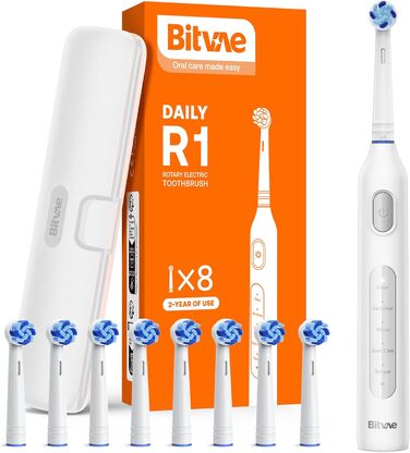 Електрична зубна щітка Bitvae з 8 насадок для дорослих та дітей, кейс, 5 режимів, таймер 2 хв, 60 днів роботи, (R1H3, Біла)