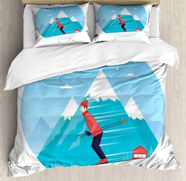 Комплект зимових підковдр ABAKUHAUS Двоспальне ліжко, Чоловік катається на лижах на засніженому пагорбі, Підковдра з 3 предметів з 2 наволочками, 220 x 220 см - 75 x 50 см, Синій темно-кораловий