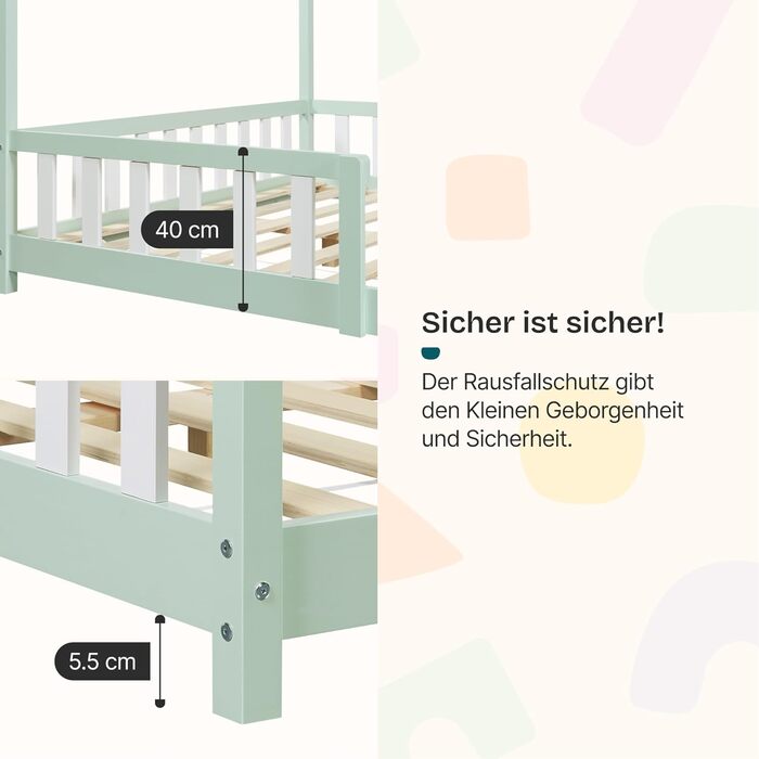 Ліжко дитяче en.casa Hesel для дітей, 90x200 см, біле, з бортиками та ламелями, Montessori, дерев'яне, для юніорів