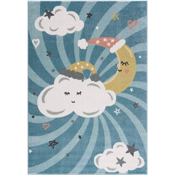 Килимок Pay Дитяча кімната - Синій - 120x160см - Хмари, Місяць і Зірки - Ігровий килимок Дитячий килимок з коротким ворсом - Oeko-Tex Standard 100 120 x 160 см