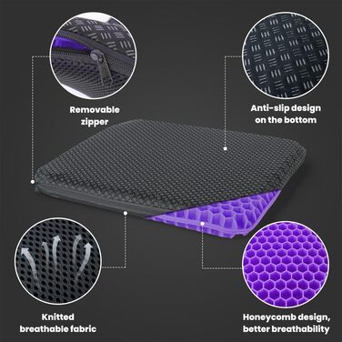 Ортопедична гелева подушка для сидіння на офісний стілець, автокрісло та візок — м'яка з протиковзким чохлом, фіолетова (43x39x4 см)