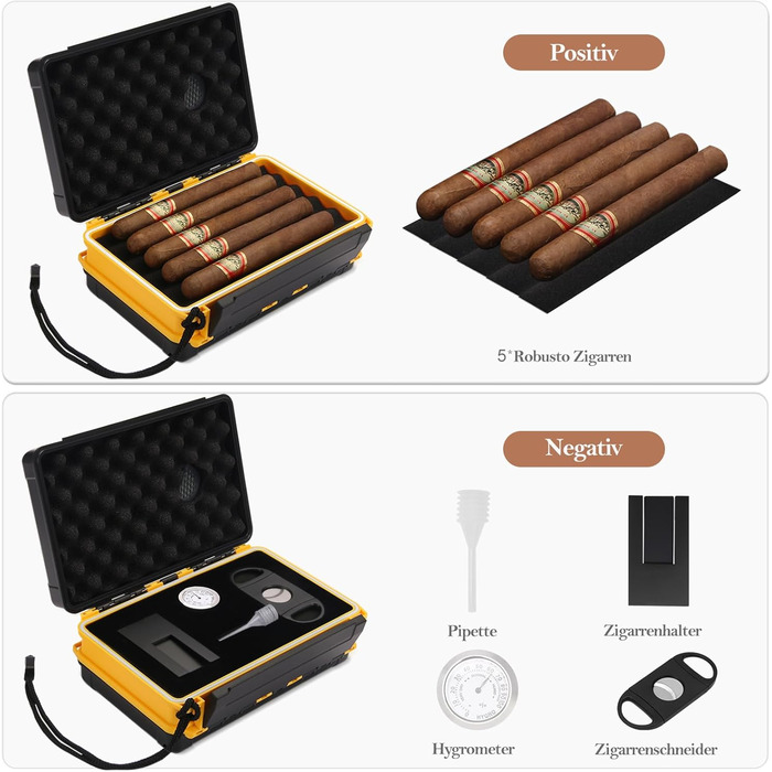Подорожній вологозберігач для сигар на 5 сигар (50RG), Комплект з різаком, підставкою, гігрометром та зволожувачем, Подарунковий набір для поціновувачів сигар (Жовтий)