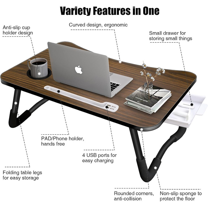 Зручний столик для ноутбука на ліжко/диван, з USB, ящиком та підставкою для планшету (60 x 40 см, коричневий)