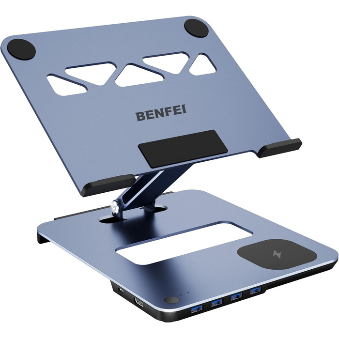 Підставка для ноутбука BENFEI з алюмінію з USB-C док-станцією 6в1, 15W Mag-Safe зарядкою, USB 3.0 KVM Switch, HDMI 4K@60Hz, 4*USB3.0, 100W PD для MacBook Pro/Air iPad Pro XPS Thinkpad