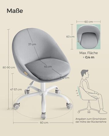 Крісло SONGMICS для офісу та дому, крісло для макіяжу з велюру, регульоване по висоті, сіре, OBG020G04
