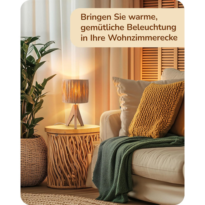 EDISHINE Настільна лампа з ручним плетінням, тепле світло 2700K, дерев'яний штатив, Boho стиль, для спальні, вітальні, готелю, з LED лампою E27 4W, абажур з ротангового паперу