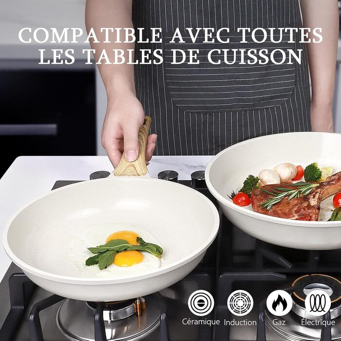 Сковорода з керамічним антипригарним покриттям GiPP – 24 см, здорова, безпечна, для індукційних плит, без PFAS та PFOA, можна мити в посудомийній машині, з прохолодним ручками, білий колір