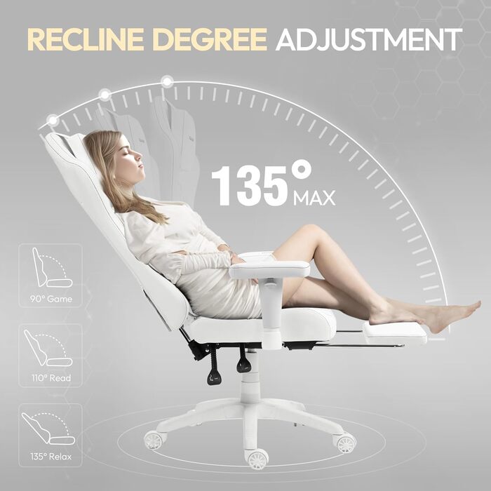 Ігровий крісло Dowinx з масажем та підігрівом, дихаюча спинка, регульоване, з підніжкою, підтримка спини та шиї, чорно-біле