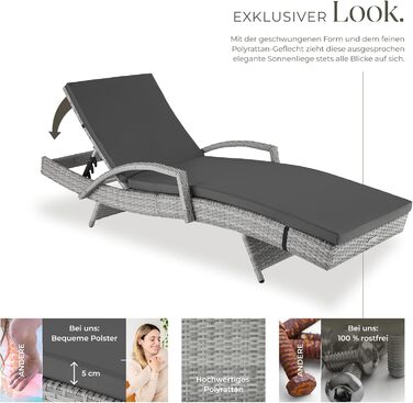 Шезлонг Tectake з поліротангу, регульована спинка, стійкий до погодних умов, з м'яким матрацом, для саду, балкону та тераси (світло-сірий)
