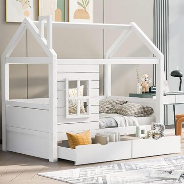 Дитяче ліжко 80x160 см з ящиками та віконцем, масивне дерев'яне ліжко з бортиками та ламелями, ліжко-будиночок для хлопчиків та дівчаток, ліжко-будиночок, ліжко для підлітків, без матраца, біле