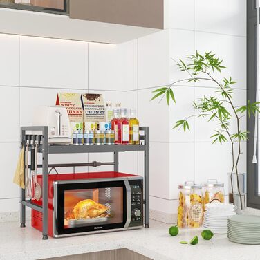 Регульована полиця для мікрохвильової печі, розширювана підставка-органайзер для кухні, міцний металевий каркас, з 8 гачками (2-рівнева, сіра)