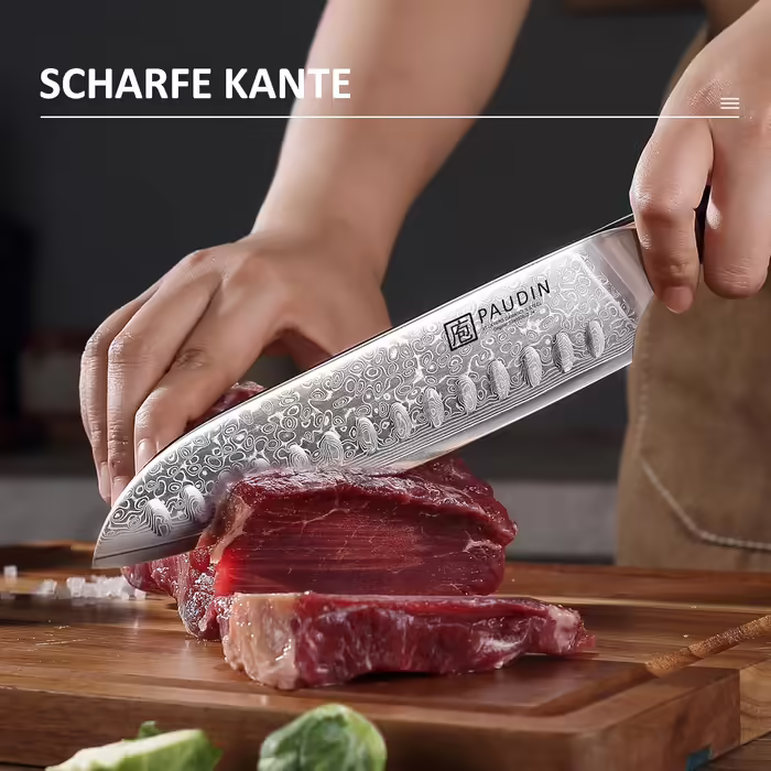Набір кухонних дамаскових ножів PAUDIN, 3 предмети, ультрагострий Santoku з 67-шарової дамаської сталі з японським VG10 ядром, ергономічна ручка G10