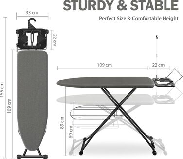 Прасувальна дошка KINGRACK, регульована по висоті в 7 напрямках, термостійка, протиковзка ніжка, з гачком для зберігання