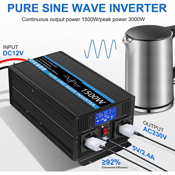 Інверторний перетворювач чистої синусоїди напруги 12 В 230 В із зарядним пристроєм 30 А та пріоритетною схемою живлення та ДБЖ, 2 розетки ЄС, бездротовий пульт дистанційного керування та РК-дисплей (1500W12V), 2000W