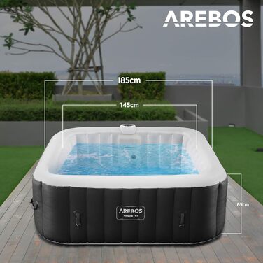 Надувний гідромасажний басейн-спа Arebos Spa Whirlpool 2400 Вт для 6 осіб, 185x185 см, 130 масажних форсунок, LED-підсвітка, 910 л, з кришкою