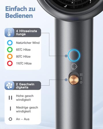 Іонний фен для волосся DEWILY з дифузором 1800 Вт, 3 температурних режими, компактний дорожній сунич для кучерявого волосся (сіро-чорний)