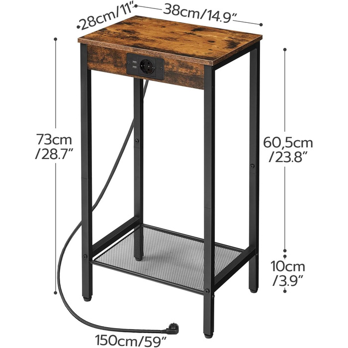 Журнальний столик HOOBRO із зарядною станцією, телефонний столик, тумбочка з розеткою, вінтажний коричневий/чорний