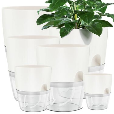 Набір горщиків для квітів з самополивом, 6 шт., білий, 22.3-10.5 см - для кімнатних рослин, квітів та трав'яних рослин