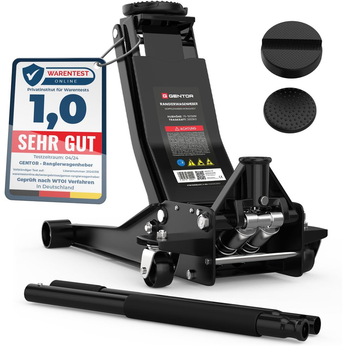 Гідравлічний домкрат 3T низькопрофільний 75-505мм з гумовими накладками для легкових авто та SUV – професійний, поворотний на 360° (Чорний)