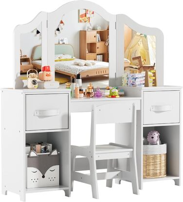 Дитячий туалетний столик MAMIZO 2 в 1 з дзеркалом та пуфом, рожево-білий, 108x30x114 см