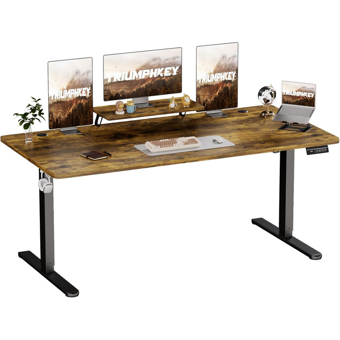 Електричний регульований стіл TRIUMPHKEY 200x80 см з підставкою для монітора, ергономічний стоячий/сидячий стіл, вінтажний коричневий