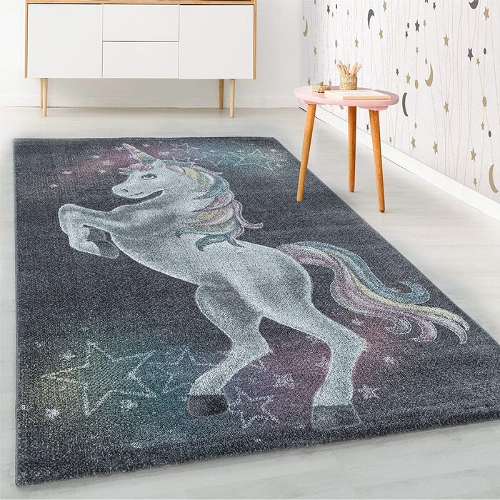 Домашній дитячий килим з коротким ворсом, сірий килим із зображенням єдинорога і зірки, м'який килим для дитячої кімнати, Колір сірий, Розмір 80x150 см