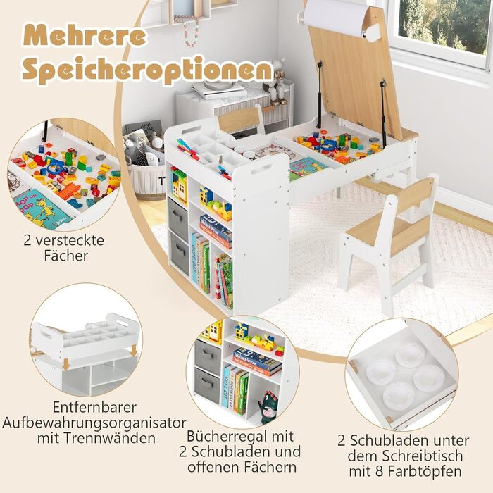 Детский стол Dreamade 3 в 1 с 2 стульями из дерева, стол для рисования с откидной столешницей и 2 тканевыми ящиками & рулон бумаги, детская мебель с хранением для детской комнаты (Натуральный, с 7 секциями)