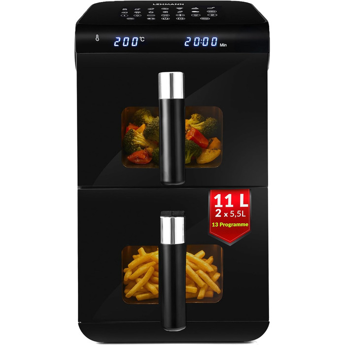Фритюрниця повітряна LEHMANN XXL з 2 камерами, 11л, 13 програм, дисплей, антипригарне покриття, для великої сім'ї