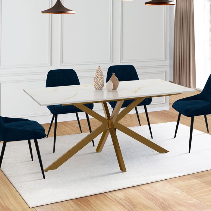 Розсувний обідній стіл Alix з мармуровим ефектом, 160-200 см, для 6-10 осіб, з ніжками-павуком, Металевий, Золотистий