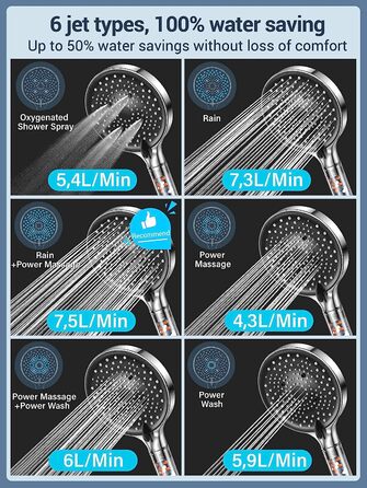 Душова лійка зі шлангом 1,8 м, YEAUPE PRO Водозберігаюча душова лійка 8 л/хв з сильним струменем, Душова лійка з фільтром (120 мм), Ручний душ з 7 режимами струменя, хром (хром)