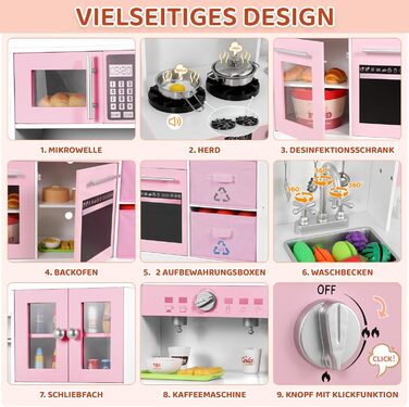 Дерев'яна дитяча кухня MAMIZO з підсвічуванням та звуком, іграшкова кухня для дітей, 90x30x90 см, з аксесуарами та 2 ящиками, іграшка для дітей від 3 років (Рожева)