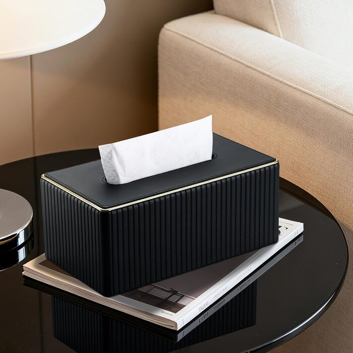 KINGFOM Склянка для серветок з золотим оздобленням, шкіра PU, чорна, прямокутна | Склянка для серветок у вітальню, ванну кімнату, офіс