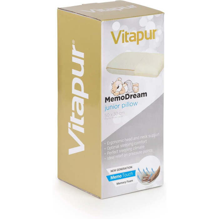 Подушка MemoDream Junior від VITAPUR для дітей, 30x50x9 см, Memory Foam, гіпоалергенна, м'яка, пральна, Ökotex-100, від 3 років