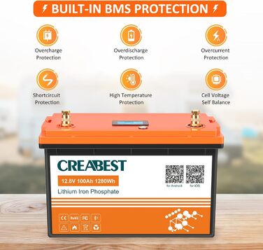 Акумулятор 12V 200Ah CREABEST LiFePO4, BMS, Bluetooth, глибокий цикл, 2560 Вт, для автофургону, сонячної системи, поза мережею