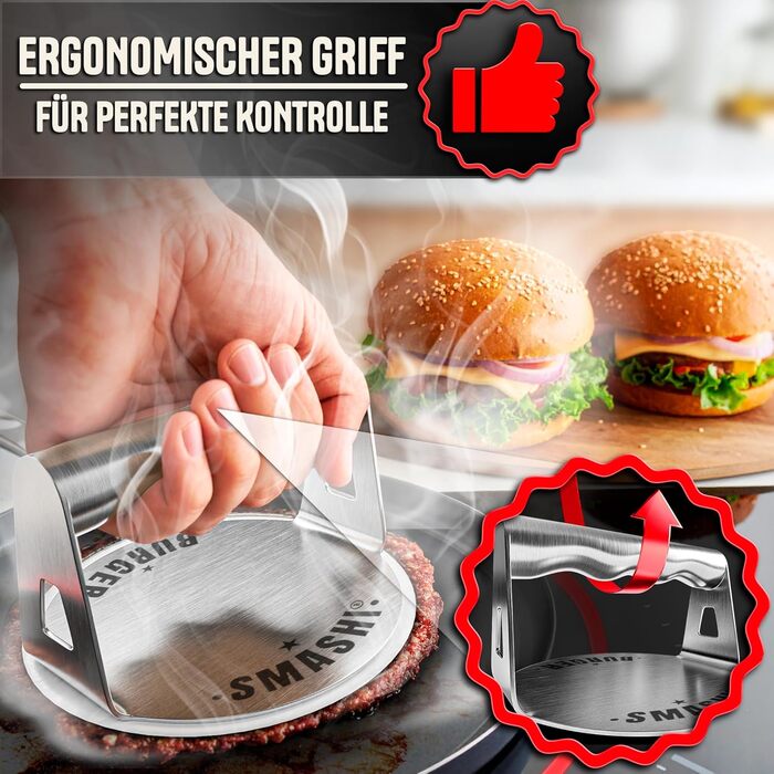 Набір для приготування бургерів SMASHI® з пресом та дзвоном – нержавіюча сталь 304, лопатка для гриля, 50 папірців з антипригарним покриттям, рецепти – Оригінал (SUPREME)