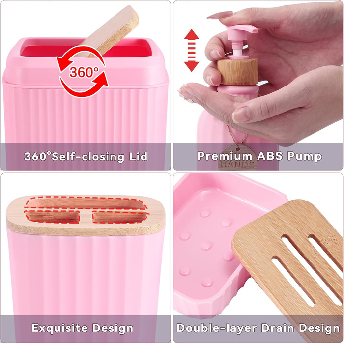 Набір для ванної кімнати 17 предметів: аксесуари для ванної, мийка, диспенсер для миючого засобу, тримач для зубних щіток, 6 дерев'яних гачків, аксесуари для кухні та ванної кімнати (Рожевий 1, Набір для ванної + штора для душу)