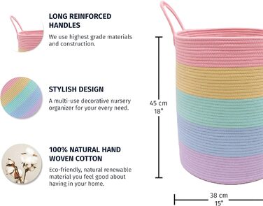 Кошик для зберігання бавовняної мотузки OrganiHaus з ручками 50x33 Барвиста прикраса для зберігання дитячих іграшок та організації Кошик для брудної білизни Кошик-органайзер для іграшок (L, пастельна веселка)