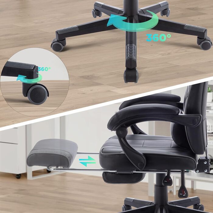 Офісне крісло Ігрове крісло з регулюванням висоти Ергономічне з м'якими підлокітниками та підставкою для ніг Комп'ютерне офісне крісло з коліщатками, -Сірий (чорно-сірий), 360