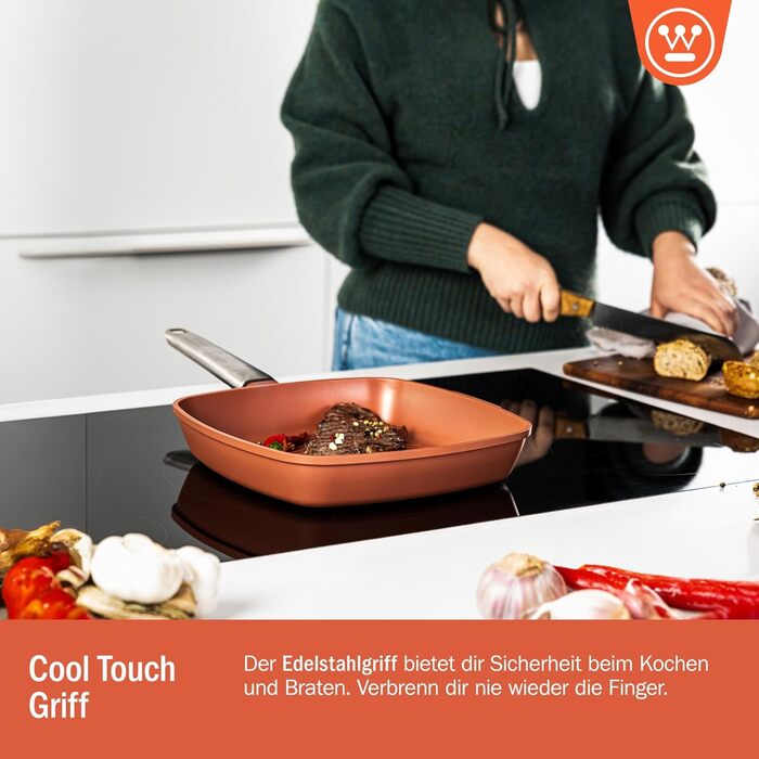 Сковорода-гриль Westinghouse PERFORMANCE SERIES 28 см з нержавіючої сталі, для індукції, грилю та всіх плит, з антипригарним покриттям, для духовки та мийки, алюміній (червоно-коричневий)