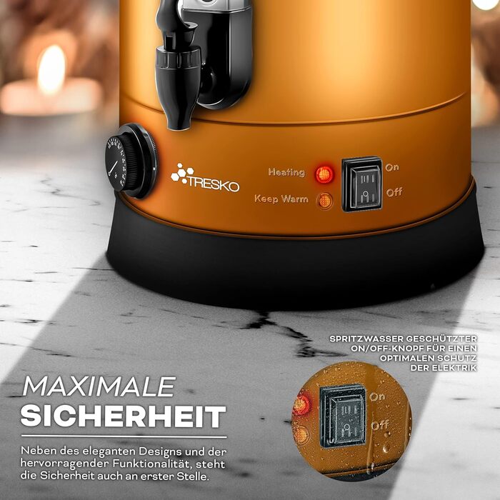 ТресКо® Електричний казанок для глінтвейну 6,8 л з нержавіючої сталі, 1500 Вт, автоматичний, для гарячих напоїв, з мідною вставкою