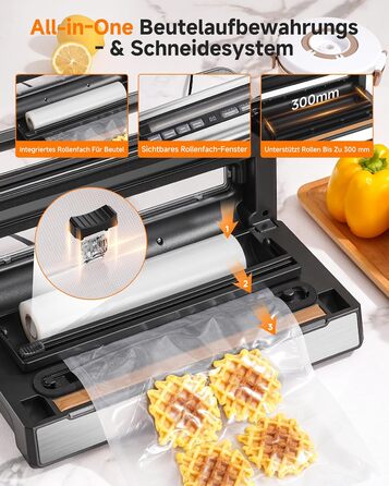 Вакууматор для продуктів 9-в-1 з потужністю 95 кПа, регулюванням часу та тиску, функцією пам'яті, подвійним запаянням, вбудованим різаком та відсіком для пакетів, корпус із нержавіючої сталі, у комплекті 2 ролини та шланг