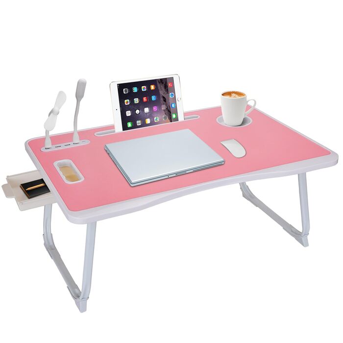 Стіл для ноутбука в ліжко, складаний з USB-портом, ручкою, кишенями для карток, тримачем для напоїв та висувною шухлядою (рожевий)