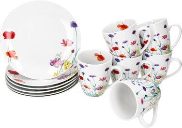 Набір посуду MamboCat Marie (12 предметів) для 6 осіб | Фарфоровий посуд з квітковим декором | 6 тарілок та 6 чашок 320 мл | Для сніданку та кави