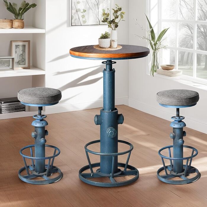 Столик барний вінтажний в індустріальному стилі, дизайн як пожежний гідрант, блакитний, регульована висота 98-112,8 см