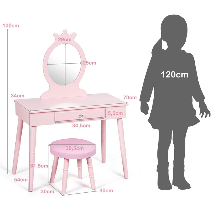 Дитячий туалетний столик COSTWAY 2 в 1, гримерний столик & письмовий стіл з дзеркалом і табуреткою, рожевий, 70x34x100см